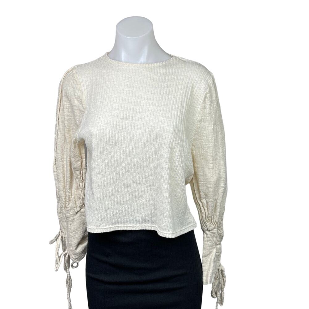 Zara Womens White Cream Ribbed Tie Long Sleeve Crew Cropped Sweater Top Size S